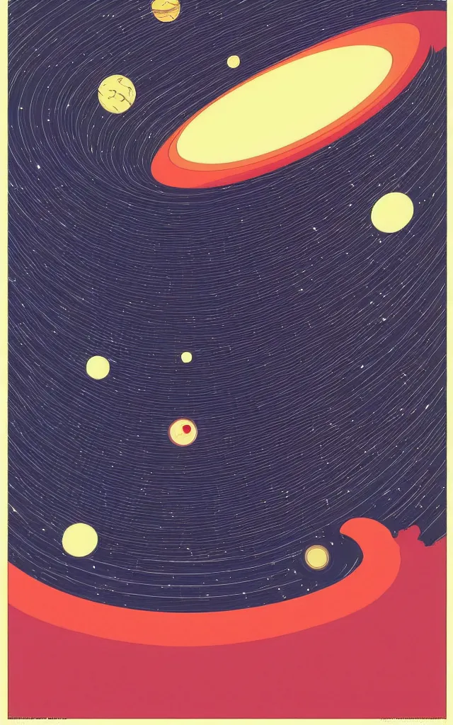 Image similar to gravitational waves, spreading trough the universe. retro minimalist art by jean giraud.