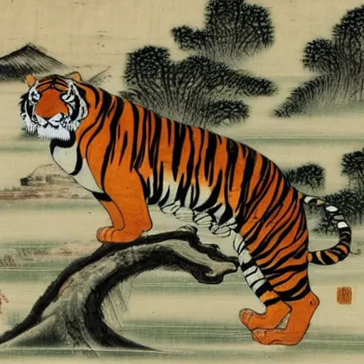 Image similar to a mighty tiger standing on a wooden log over the water, Chinese Art