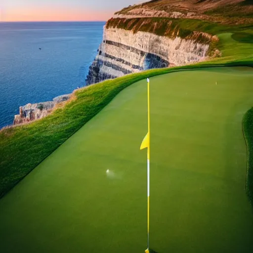 Image similar to a great photograph of the most amazing golf hole in the world, cliffs by the sea, perfect green fairway, human perspective, ambient light, 5 0 mm, golf digest, top 1 0 0, golden hour