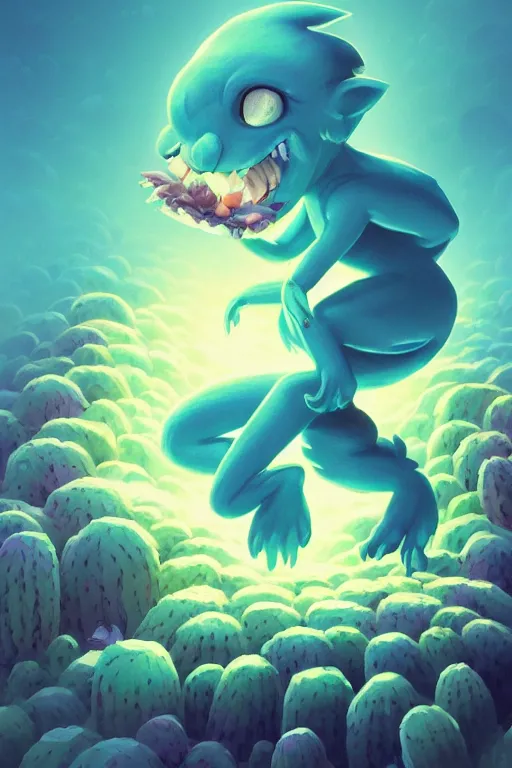 Image similar to smurf ghost creature animal sushi cristal very big eye roots cactus elemental flush of force nature micro world fluo fishscale, behance hd by jesper ejsing, by rhads, makoto shinkai and lois van baarle, ilya kuvshinov, rossdraws radiating a glowing aura global illumination ray tracing hdr