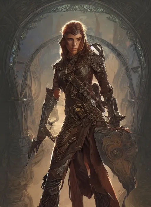 Image similar to a half elf in fireproof leather armor wearing a utility belt and goggles, D&D, fantasy, intricate, cinematic lighting, highly detailed, digital painting, artstation, concept art, smooth, sharp focus, illustration, art by Terry Moore and Greg Rutkowski and Alphonse Mucha