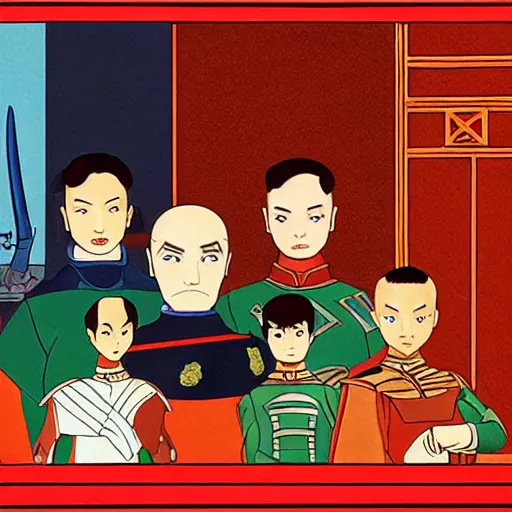 Image similar to family portrait of duke leto atreides and prince paul atreides, dune, aristocratic, space opera, in the style of yamato - e, tosa school, tosa mitsuoki, tosa mitsunobu, iwasa matabei, awataguchi takamitsu.