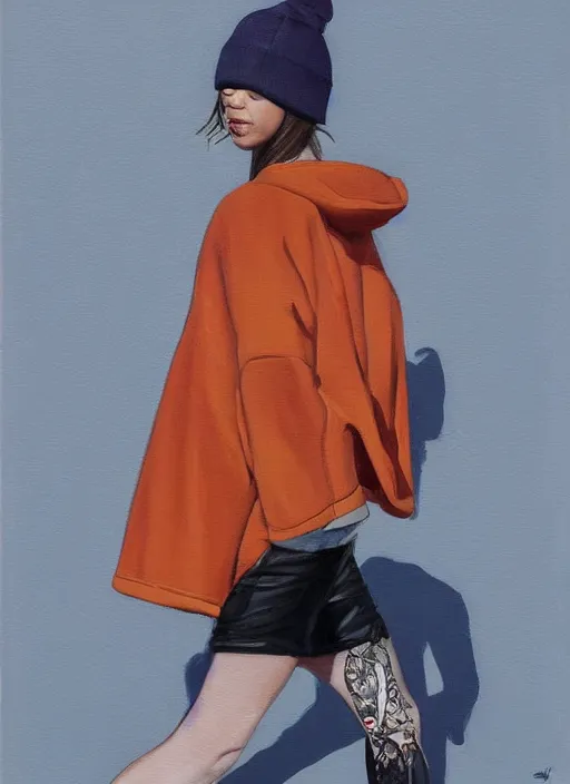 Prompt: a painting of a girl wearing a chloma designed hoddie anorak with skinny legs wearing yeezy 5 0 0