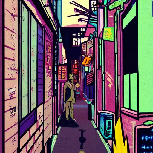 Image similar to salary man in small alley in golden gai in the 8 0 s, vaporwave nostalgia, 8 0 s anime, trending on artstation