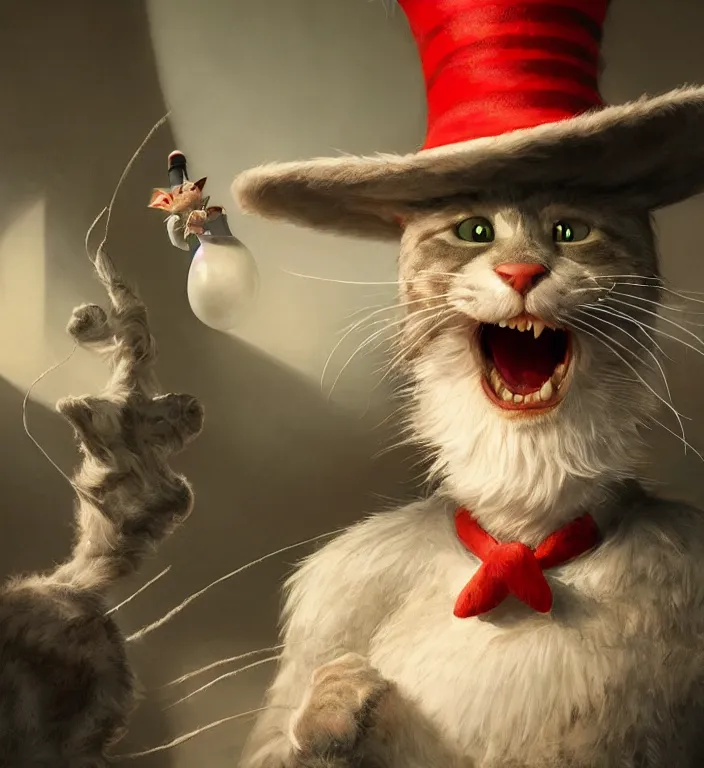 Image similar to complex 3 d render, hyper detailed, ultra sharp, of the cat in the hat, scary, funny, cinematic, natural soft light, rim light, art by greg rutkowski and artgerm and craig mullins, dr seuss