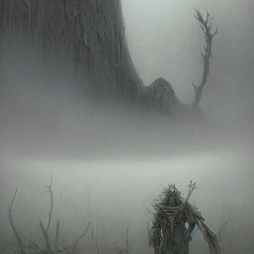 Image similar to concept art of elias ainsworth, fantasy, forest, heavy fog, wayne barlowe and zdzislaw beksinski