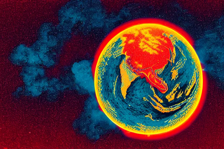 Prompt: flames surrounding planet earth in space,linocut, moody, colorful,Karolis Strautniekas, Mads Berg, stippled light, dramatic lighting,editorial illustration, detailed,fine texture, matte print,dynamic composition,risograph, lomography