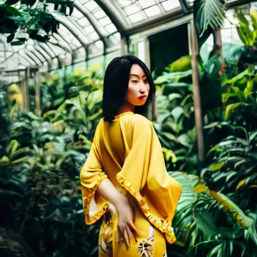 Image similar to close up portrait of beautiful woman wearing a yellow kimono in a tropical greenhouse with an owl on her shoulder, bokeh, cinematic colors