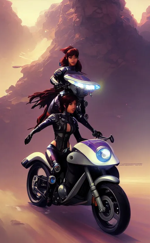 Image similar to Police female riding yamaha motorcycle, sci-fi, highly detailed, digital painting, artstation, concept art, smooth, sharp focus, illustration, art by artgerm and greg rutkowski and alphonse mucha