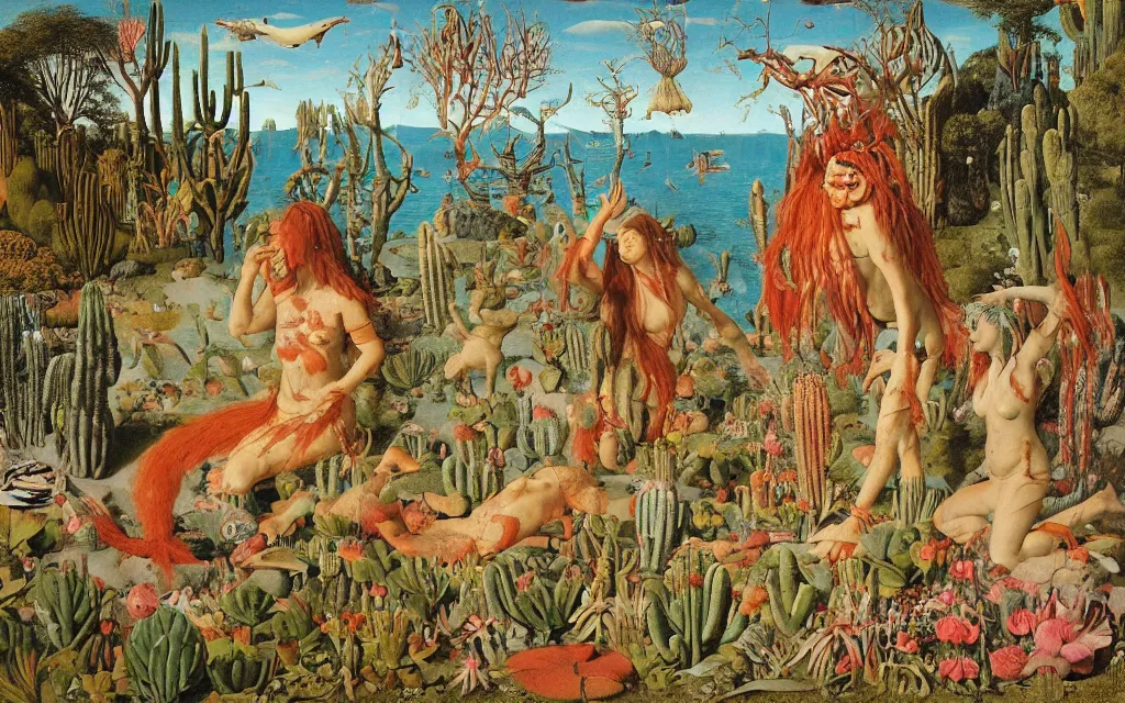 Prompt: a photograph of a meditating centaur shaman and a flayed mermaid feeding fish at the lake. surrounded by bulbous flowers, animals and a few trees and cacti. cliffs under a blue sky of burning stars. painted by jan van eyck, max ernst, ernst haeckel, ernst fuchs and artgerm, trending on cgsociety, plant patterns