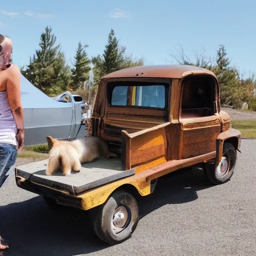 Prompt: a dog pulling a truck