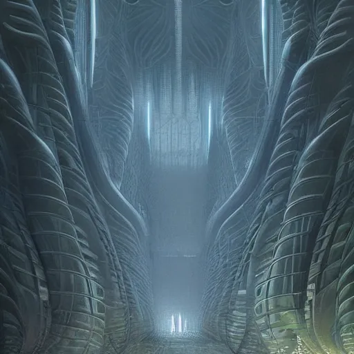 Prompt: epic alien jungle by zdzisław beksinski, greg rutkowski inside a giant futuristic factory by zaha hadid, inspired by the movie inception