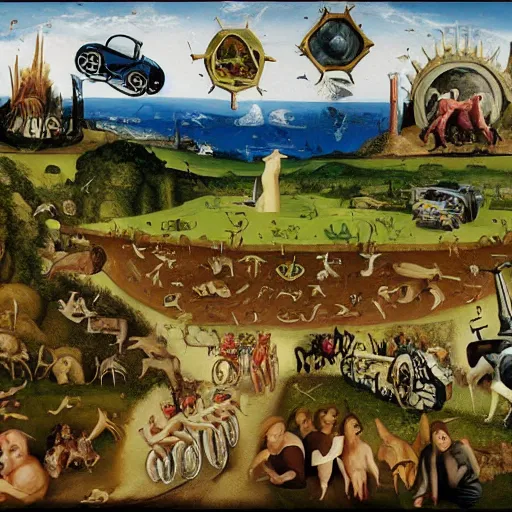 Image similar to all terrain vehicle race, in the style of the garden of earthly delights painting by jerome bosch