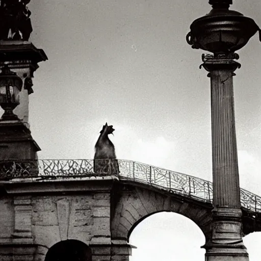 Image similar to a guinea pig wearing a victorian dress stands on a bridge over a river in Paris, vintage black and white photograph