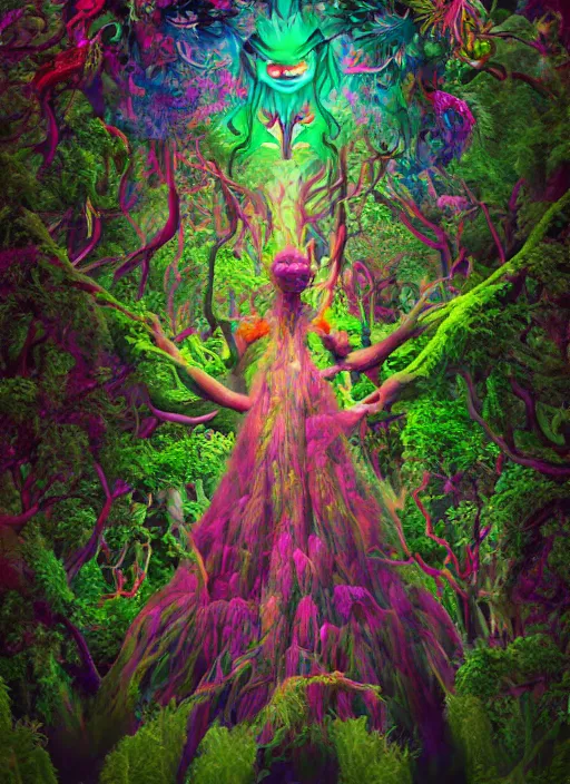 Image similar to a small psychedelic surreal horror giant made of multicolored psychotropic trees and flowers, magical creatures in the chaotic spirit forest, fulcolor octane reminder, cinematic, ultra - realistic, bizarre weird cosmic conceptual tribal art