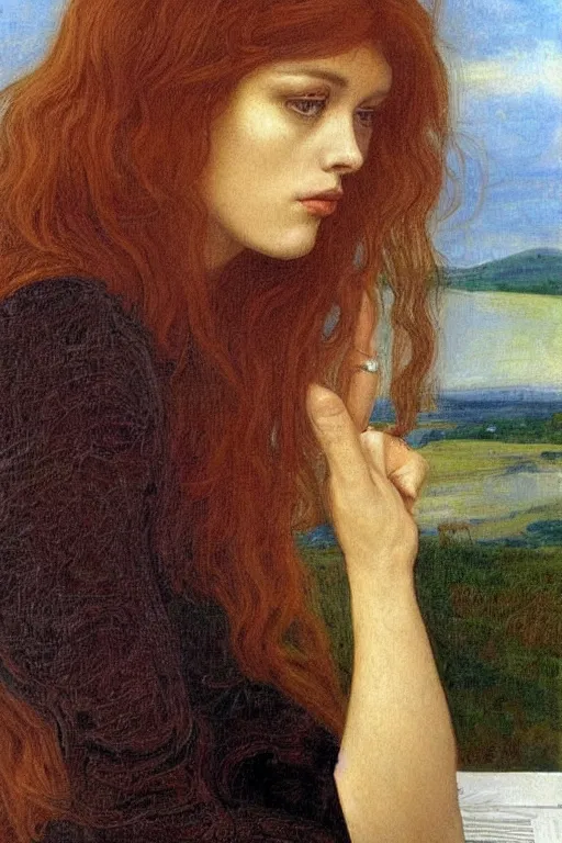 Image similar to a pre raphaelite painting of brigitte bardot, bored, looking at her rosegold macbook air by dante gabriel rossett