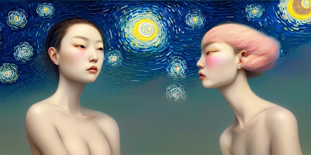 Image similar to breathtaking delicate detailed concept art painting faces with starry night inside, by hsiao - ron cheng, bizarre compositions, exquisite detail, pastel colors, 8 k