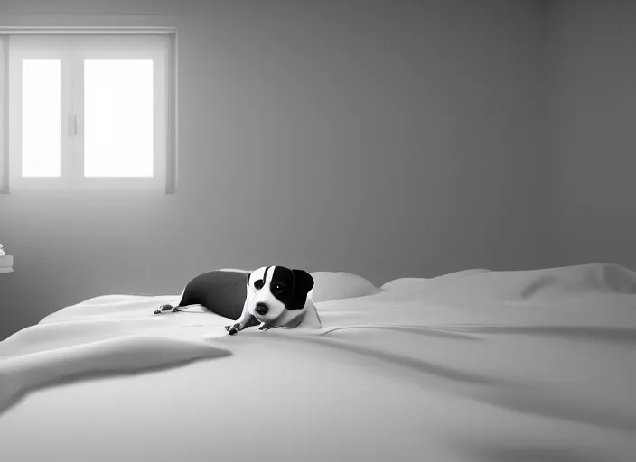 Image similar to photography of a Jack Russel watching outside the window on a bed in a 3d rendered white room, octane render, 3d, foggy, volumetric light, volumetric fog, photorealistic, unreal engine 5, award winning photo, 100mm, sharp, cloth, high res