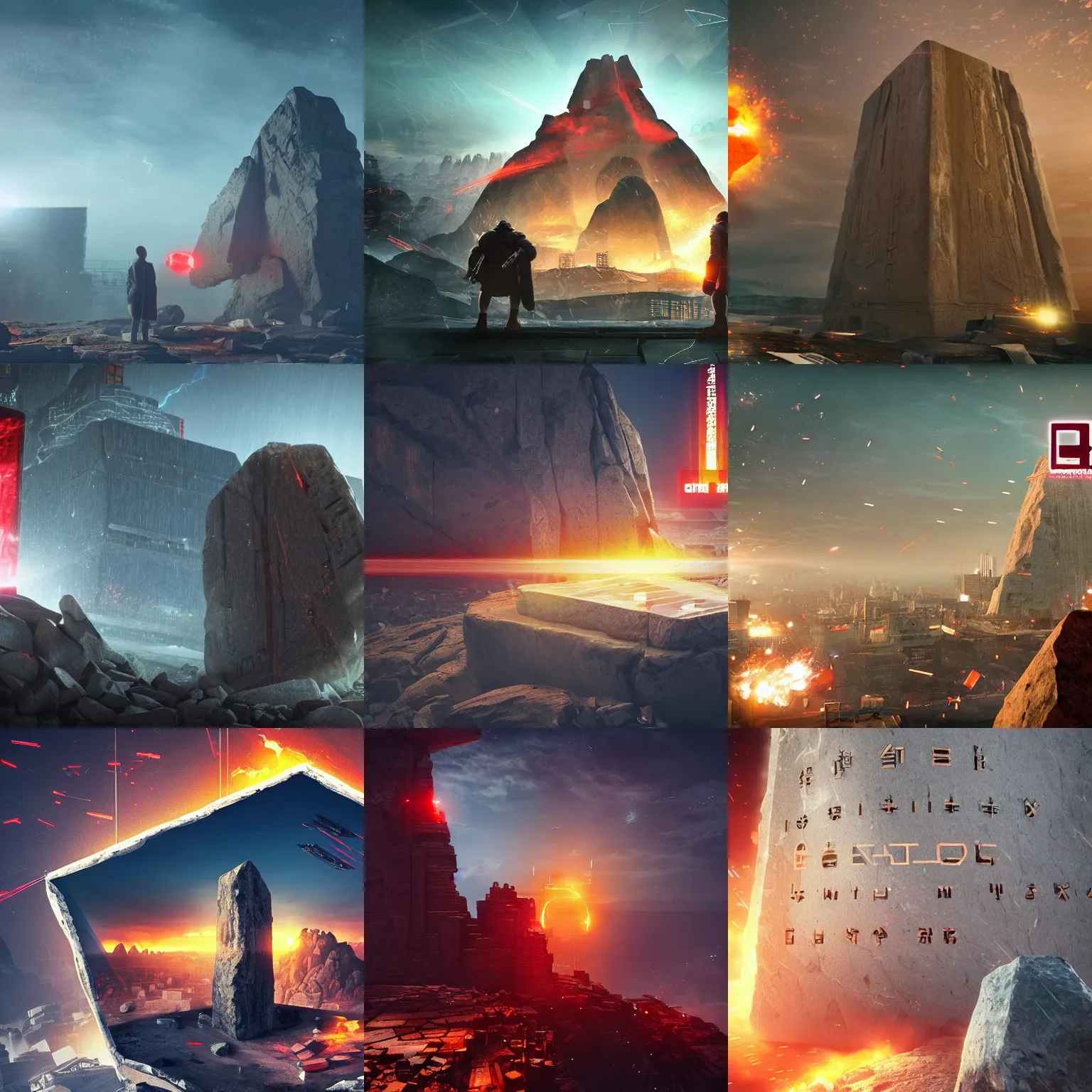 Prompt: a huge towering and broken stone tablet + 8 0 0 meter high stone tablet, with red light stands in the center of a prosperous city at the end of the world, and the energy is released, secret, mysterious, doomsday, landscape, video game control, quantum break, arknights, 4 k,