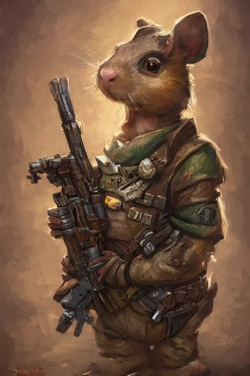 Image similar to cute little anthropomorphic Guinea Pig Soldier wielding a rocket launcher, tiny, small, short, pixelated army camouflage, cute and adorable, pretty, beautiful, DnD character art portrait, matte fantasy painting, DeviantArt Artstation, by Jason Felix by Steve Argyle by Tyler Jacobson by Peter Mohrbacher, cinematic lighting