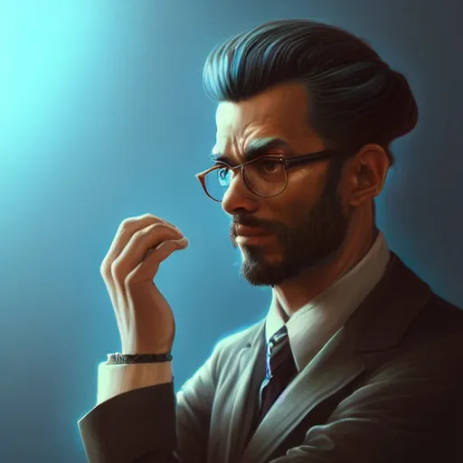 Image similar to an insanely detailed portrait of a handsome man head in his hands, depressing corporate office background, blue shade in the style of peter mohrbacher, artgerm, dramatic lighting and composition, octane render, trending on artstation, concept art