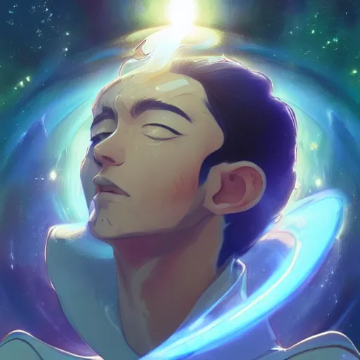 Image similar to A man drinking a cup of cosmic energy bright light, illustration, anime style, Artgerm, 4k, digital art, surreal, anime style, space dandy style, highly detailed, godsend, artstation, digital painting, concept art, smooth, sharp focus, illustration by Ruan Jia and Mandy Jurgens and William-Adolphe Bouguereau, Artgerm