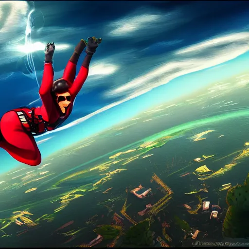 Image similar to A watermelon skydiving from a plane, dynamic lighting, cinematic, ultra detailed, trending on art station