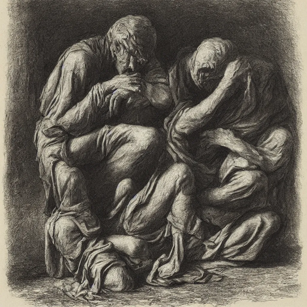 Image similar to a crying man, gustav dore