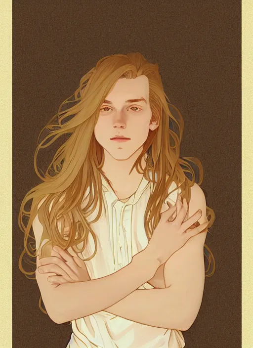 Image similar to pretty young man with shoulder length shiny shimmering golden blond hair, head down, demure, shy, path traced, highly detailed, high quality, digital painting, by studio ghibli and alphonse mucha, leesha hannigan, disney