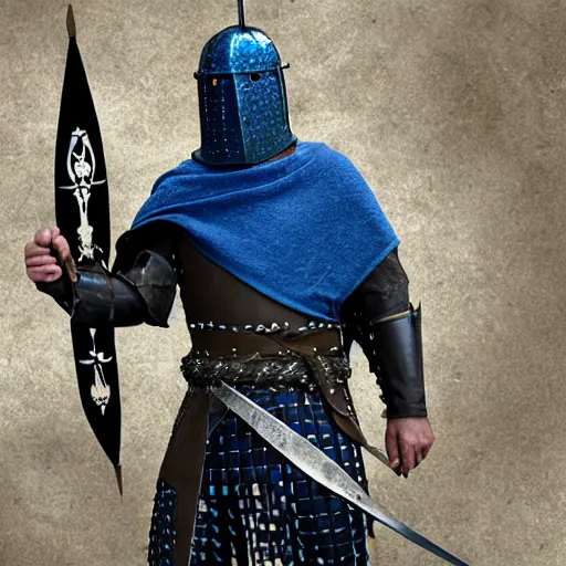 Image similar to an olive skinned, fierce, medieval stout knight with a blue tunic over chainmail, green pants with a black leather belt and a coin pouch, holding a blue kite shield with fleur - de - lis symbols, holding a short sword in a gladiator battle, game of thrones, realistic, photograph by fred r conrad / new york times