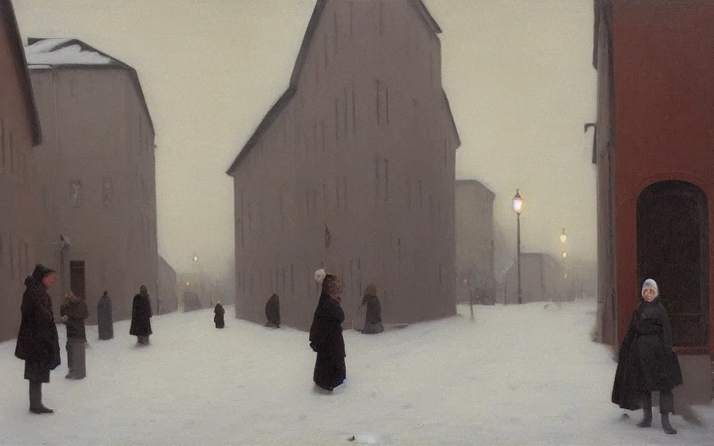 Prompt: a painting of sad little redhead lady in a winter street in norway, oil on canvas, by hammershoi