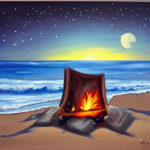 Image similar to Campfire on the beach, Moonlit ocean, Secluded beach, Painting