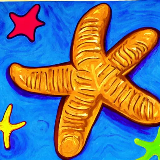 Prompt: a painting of a giant brown starfish with the words c and starfish in big letters. children in a school band playing nearby. art by picasso and a little by lisa frank