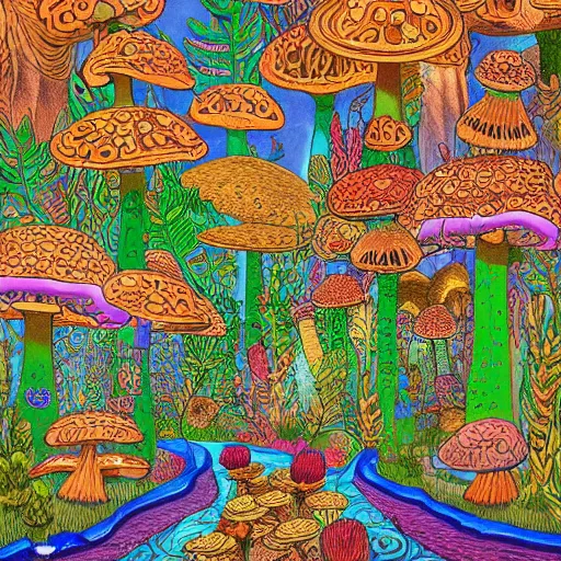 Prompt: city made of mushrooms and plant fauna, vivid color, 1 9 2 0 ’ s colored pencil, highly detailed, highly accurate, abstract art, deep aesthetic, 8 k, highly ornate intricate details, cinematic lighting, rich colors, ray tracing, hyperrealistic, photorealistic, cinematic landscape, trending on artstation,