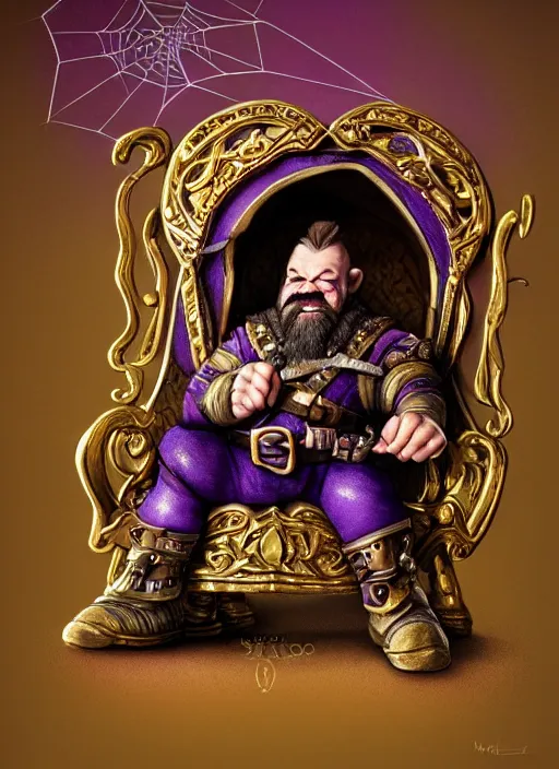 Prompt: dwarf fighter sitting in mechanical chair that has spider legs, gold and purple, exquisite details, black beard, white background, by studio muti