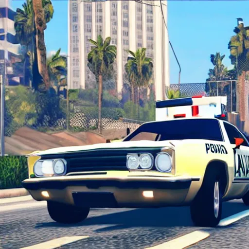 Image similar to GTA V arnold schwarzenegger screenshot stealing a cop car