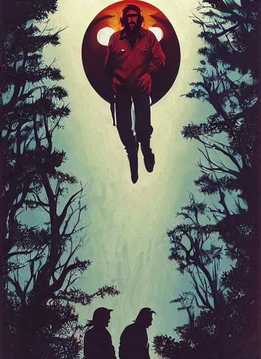 Image similar to poster artwork by Michael Whelan and Tomer Hanuka, Karol Bak of Chuck Norris as the local homeless man in the small town who has a spiritual connection to the world and is the protector of the woods, from scene from Twin Peaks, clean