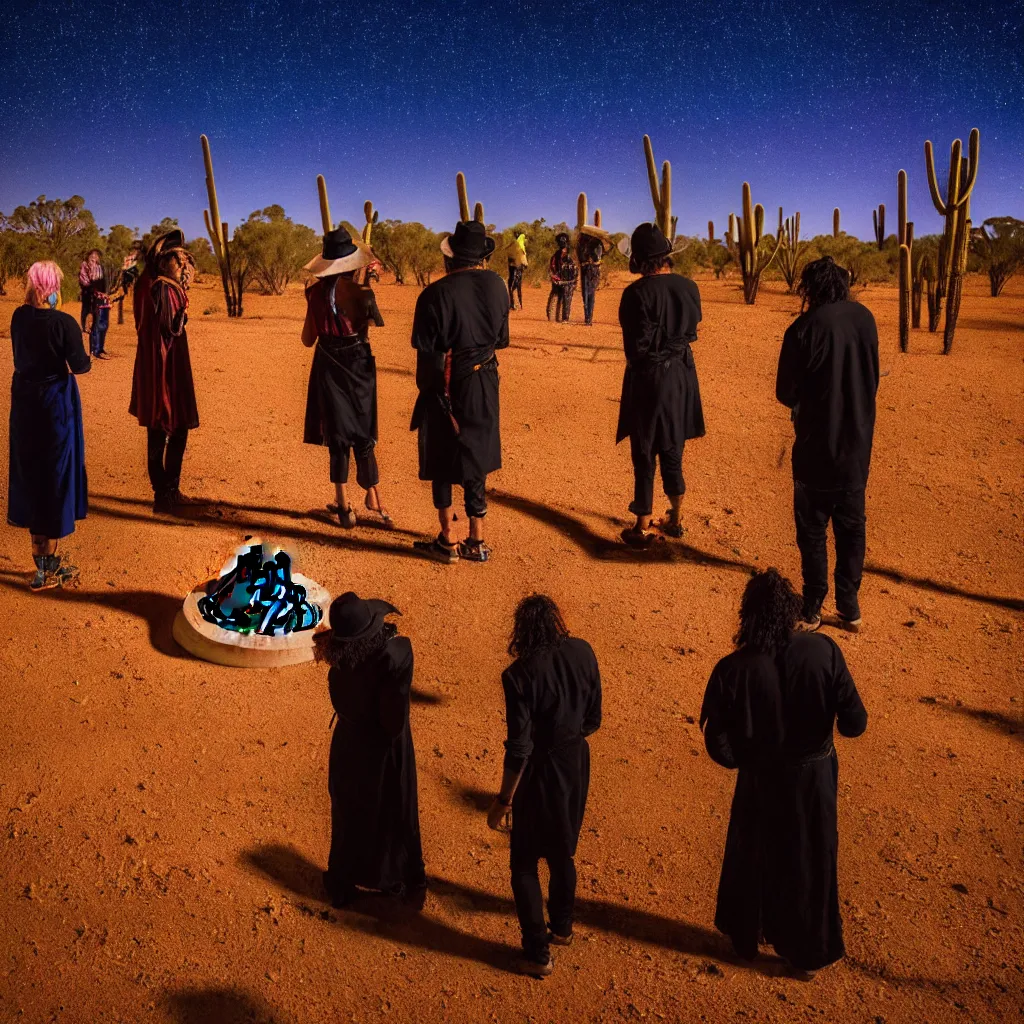 Prompt: photograph of three ravers, two men, one woman, woman is in a trenchcoat, blessing the soil at night, seen from behind, talking around a fire, two aboriginal elders, dancefloor kismet, diverse costumes, clean composition, desert transition area, bonfire, starry night, australian desert, symmetry, sony a 7 r