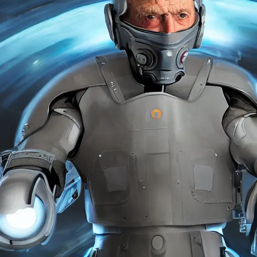 Image similar to movie photograph of an old man who is a veteran of many futuristic wars with short gray hair and blue eyes. he is wearing a light gray futuristic suit of heavy combat armor and holding a blaster in one hand and a plaster plasma - proof shield in the other. riding a white armored motorcycle charging into enemy lines while firing plasma bolts. futuristic battle.