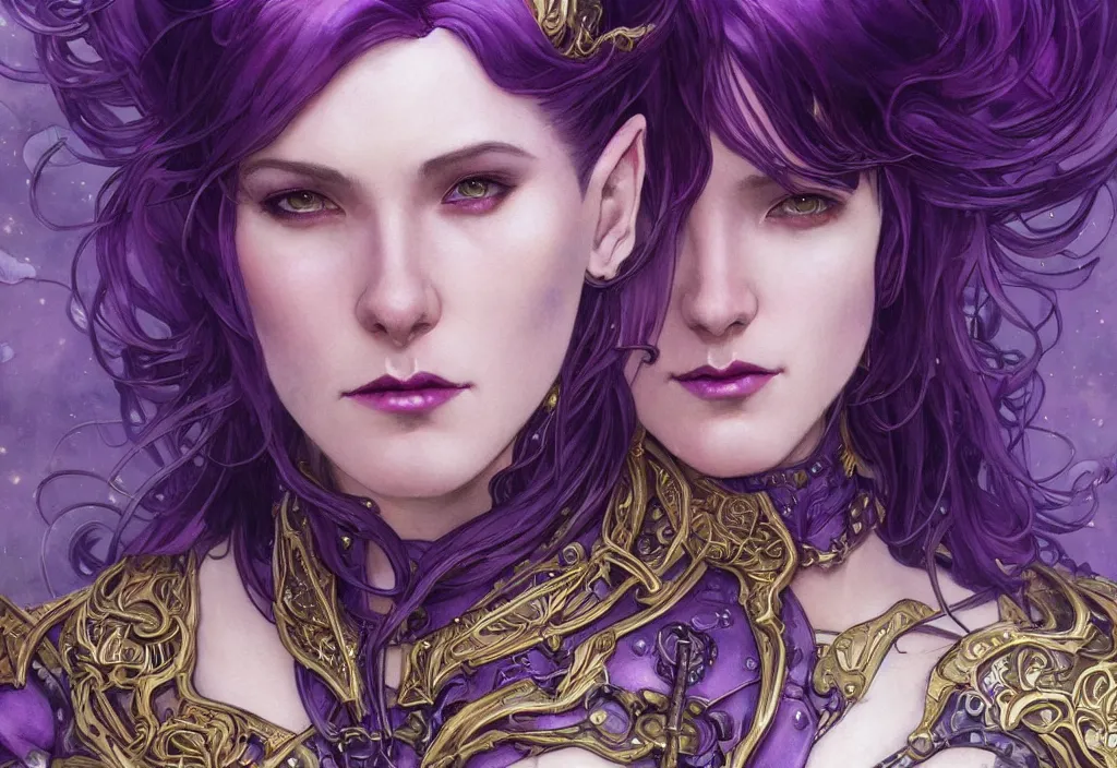 Image similar to close up portrait vampire with purple hair in sci - fi bionic armor, highly detailed, very intricate, art nouveau, gold filigree, romantic storybook fantasy, soft cinematic lighting, award - winning, disney concept art watercolor illustration by mandy jurgens and alphonse mucha and alena aenami, pastel color palette, featured on artstation