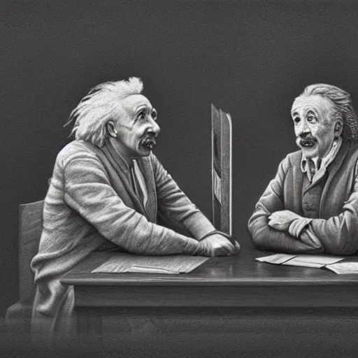 Prompt: Einstein and Newton speaks each other on a topic, pencil drawing, ultra detailed, octane render