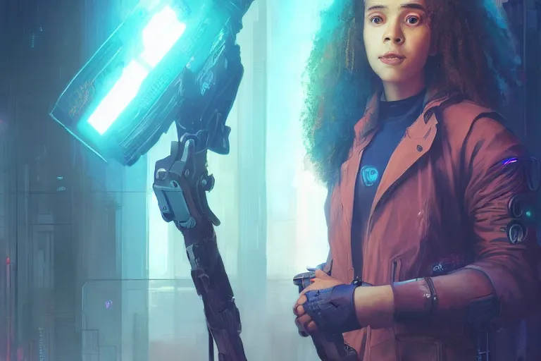 Image similar to portrait of cyborg Hermione Granger in cyberpunk, neon lighting, night city, digital art from artstation by Ruan Jia and Mandy Jurgens and Artgerm and william-adolphe bouguereau and Greg Rutkowski and Wayne Barlowe