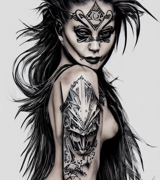 Image similar to tattoo design on white background of a beautiful girl warrior, hyper realistic, insanely detailed, inspired by eliot kohek