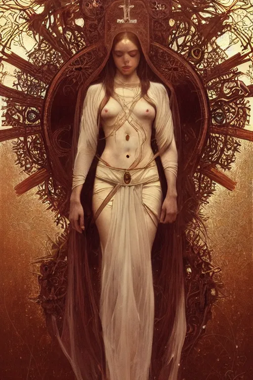 Image similar to a full body portrait of a beautiful ethereal delicate mage queen meditative sacral pose catholic stages of the cross, intricate, elegant, highly detailed, digital painting, artstation, concept art, smooth, sharp focus, illustration, art by krenz cushart and artem demura and alphonse mucha