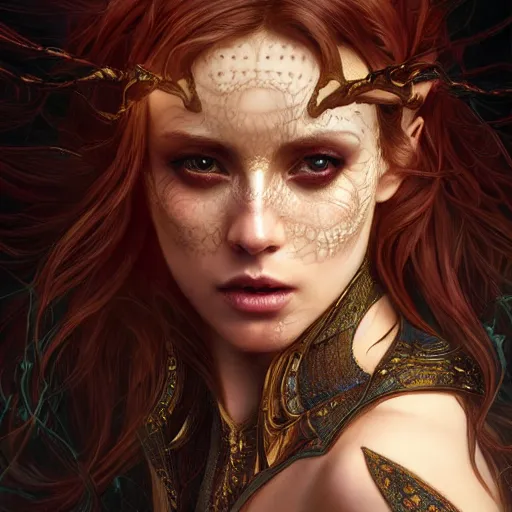 Image similar to breathtaking epic fantasy comic book style portrait of a sensual female sorceress, castle setting, horror movie lightning, intricate, elegant, highly detailed, digital painting, artstation, concept art, matte, sharp focus, illustration, art by Artgerm and Hsiao-Ron Cheng and Alphonse Mucha, extremely moody lighting, hyperrealistic, octane render, RPG portrait, ambient light, dynamic lighting