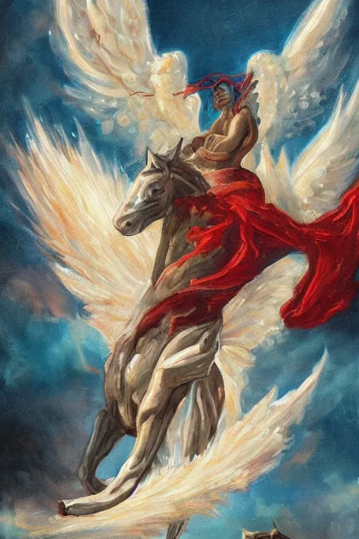 Image similar to this painting seems to depict a wingless angel on a horse who looks down at the ground beneath him. meanwhile, above him is a twisting funnel of angry red fire.