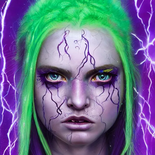 Image similar to detailed photo portrait of a furious teen girl with thin, hair-like purple tentacles on her head and bright purple eyes, 8k,by tristan eaton, Stanley Artgermm,Tom Bagshaw,Greg Rutkowski,Carne Griffiths,trending on DeviantArt, face enhance,hyper detailed ,full of colour, dramatic lightning