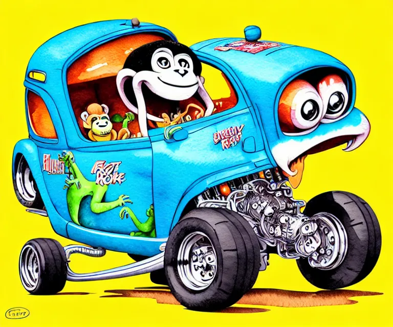 Image similar to cute and funny, monkey driving a tiny hot rod with an oversized engine, ratfink style by ed roth, centered award winning watercolor pen illustration, isometric illustration by chihiro iwasaki, edited by craola, tiny details by artgerm and watercolor girl, symmetrically isometrically centered