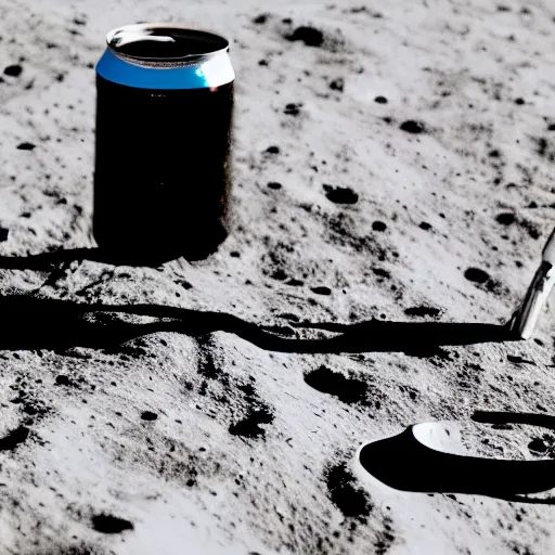 Prompt: photo of an idle electric guitar and an idle beer can next to one another on the moon surface