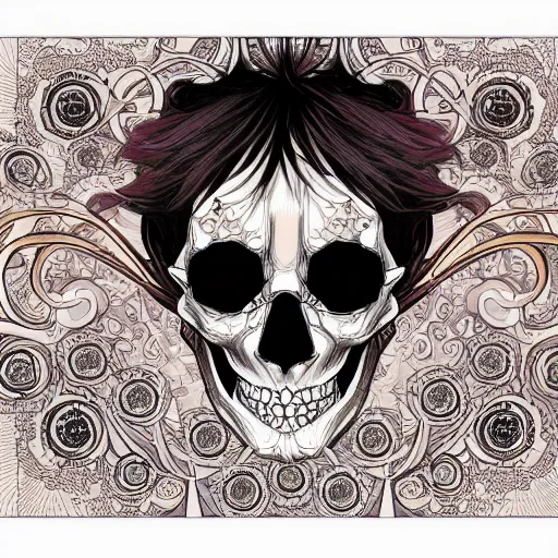 Prompt: anime manga closeup skull portrait floral detailed highres 4k intricate nature comic patterns vector illustration style by Alphonse Mucha and James Jean pop art nouveau